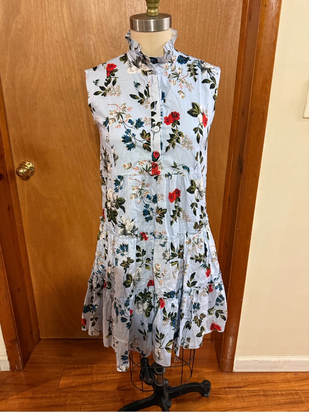 ERDEM Light Blue Floral Ruffle-Neck Mini Dress